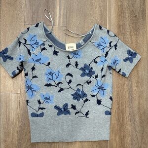 Elie. Elie Tahari Fitted Sweater Gray Blue Floral Knit Cottagecore Designer